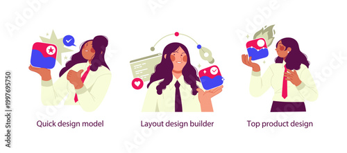 Flat illustration set showing quick design modeling, layout design builder, and top product design, representing modern UI design workflow and creative product development.