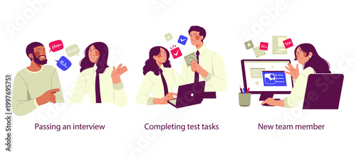 Flat illustration set showing passing a job interview, completing test tasks, and onboarding a new team member in a modern workplace.