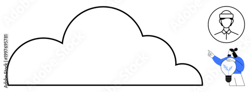 Cloud computing, innovation, business, technology, brainstorming, creative ideas. Large cloud graphic with a person holding a lightbulb and pointing gesture. Cloud computing and innovation