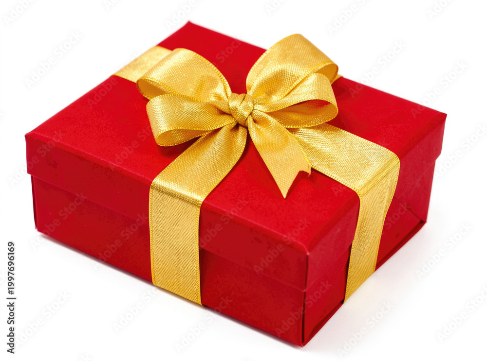 Fototapeta premium A beautifully wrapped gift box with a golden ribbon and a bow, ready for gifting or decorating