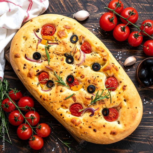 Overhead shot of a freshly baked, oval bread topped with tomatoes, olives, and rosemary, on a rustic wooden surface