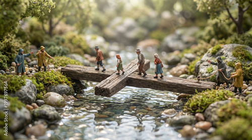 Miniature People Crossing a River Using a Cross as a Bridge