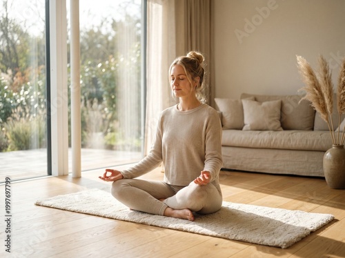 Young woman practicing mindfulness meditation in a bright, modern living room, sitting in lotus position on a yoga mat
