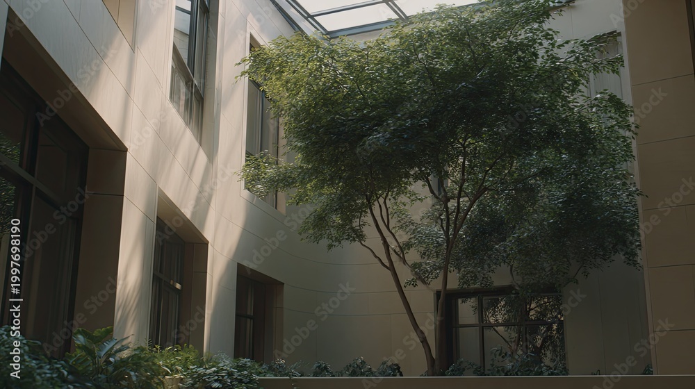 Fototapeta premium Indoor courtyard featuring a tree and lush plants basking in sunlight filtering through a modern skylight, creating a serene and contemporary architectural space