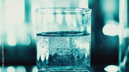 Glass beaker containing liquid bubbling in laboratory