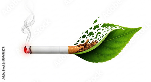 Cigarette transforming into green leaf with smoke in artistic concept