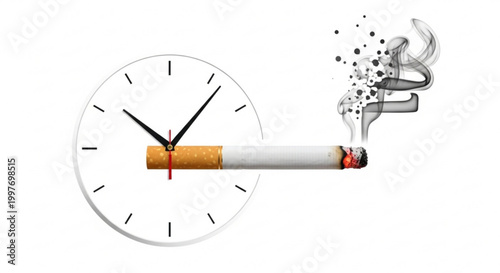 Cigarette burning in front of clock face symbolizing health danger