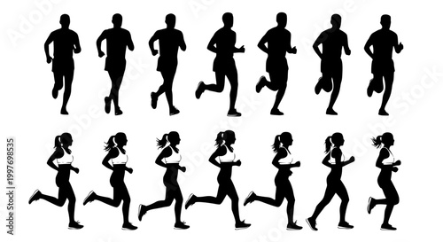 Running men and women, isolated vector silhouettes. Run, side view. Silhouettes of athletic looking male and female runners running. Transparent SVG version.