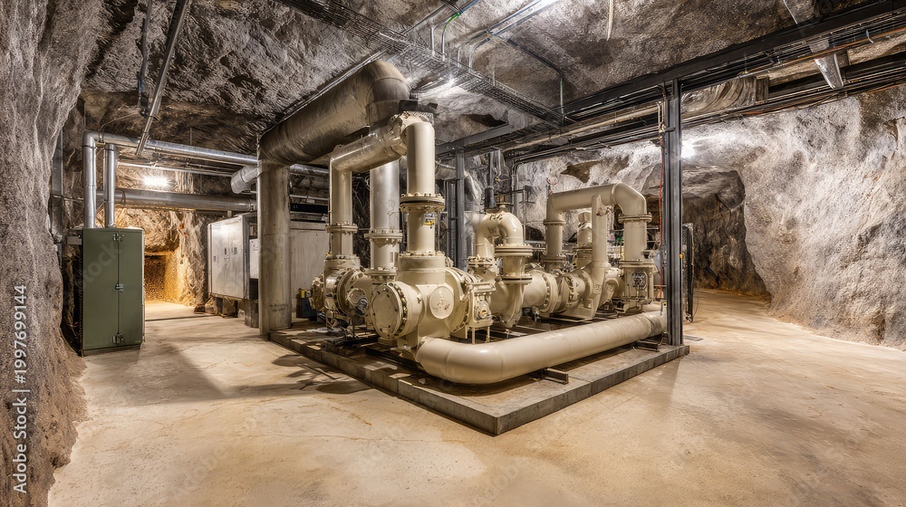 Fototapeta premium Underground industrial facility with pipeline system and pumps