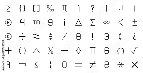 Numbers & Symbols icon set. Vector symbol collection. Includes enter, brackets, percentage, pi, arrows, copyright, dollar, math signs, and more. Editable stroke.