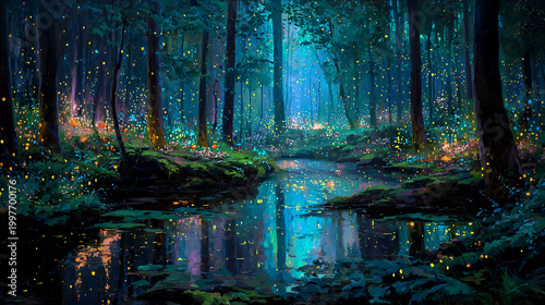 magical forest landscape lit up
