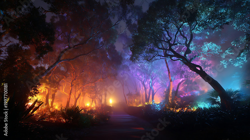 magical forest landscape lit up