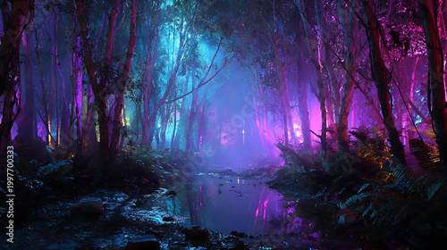 magical forest landscape lit up