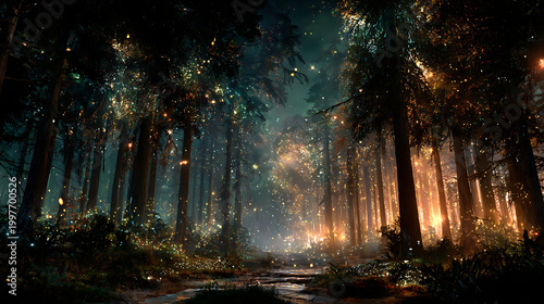 magical forest landscape lit up