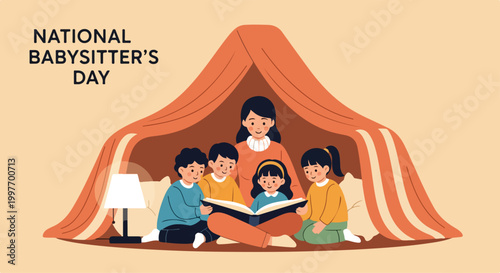 Happy diverse group of children and a caregiver reading a book together inside a cozy tent during national babysitters