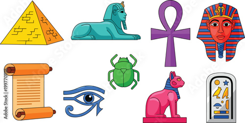 Ancient Egypt symbols vector set with colorful flat icons of pyramid pharaoh sphinx and hieroglyphs for education and design