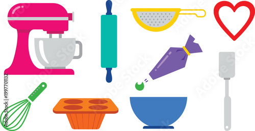 Baking and pastry tools vector set with stand mixer whisk rolling pin and kitchen equipment isolated on white