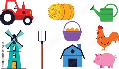 Farm animals and agriculture vector set with colorful flat icons of tractor barn windmill for children design