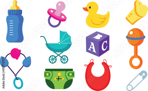 Baby care products and nursery toys vector set with colorful flat icons of baby bottle pacifier duck and rattle for children design