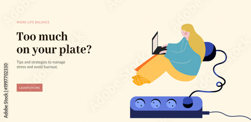 Flat illustration of exhausted woman working on laptop connected to power source. Concept of energy drain, burnout and overwork.
