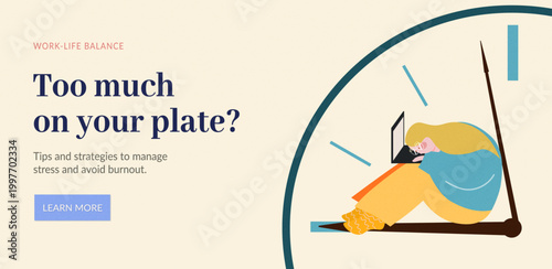 Flat illustration of woman working under time pressure inside clock. Concept of deadlines, stress and work overload.