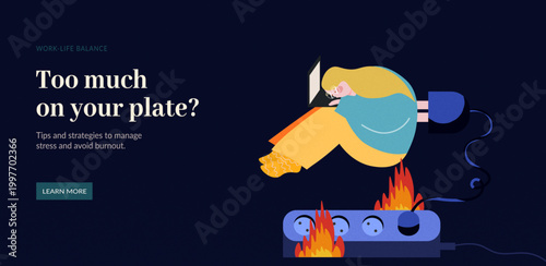 Flat illustration of tired woman with laptop and fire elements. Concept of extreme burnout, stress and emotional exhaustion.