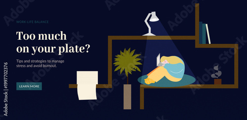 Flat illustration of woman working late at night at home. Concept of burnout, remote work and fatigue.