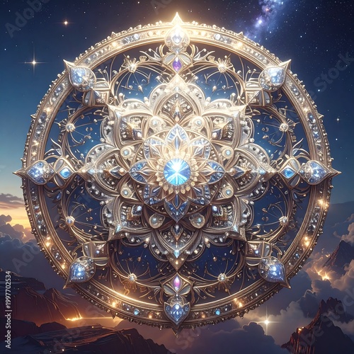 Ornate circular design with intricate patterns and embedded gemstones floats in a celestial setting, over clouds and mountains