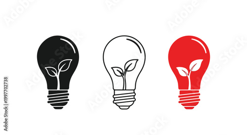 Three lightbulb icons in black, white, and red colors representing ideas, innovation, and creativity in a minimalistic