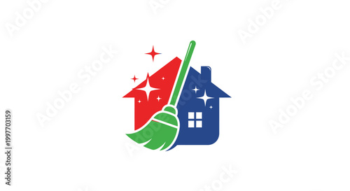 Cleaning service logo with house and broom.