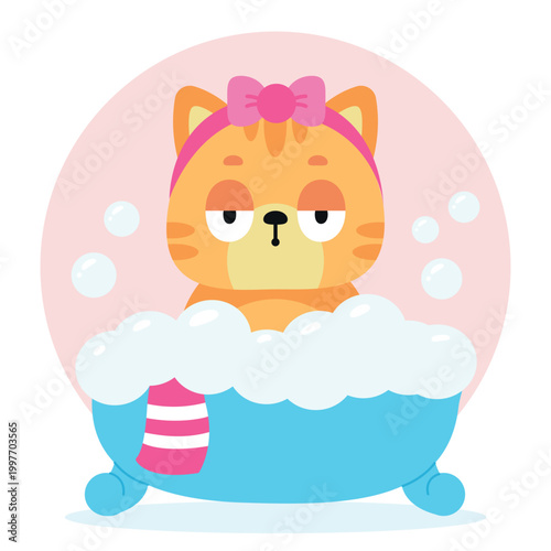 Funny cartoon ginger cat taking a bubble bath, wearing a pink headband. Vector illustration, isolated background.