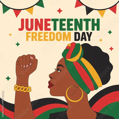 Celebration of juneteenth freedom day with festive decorations and raised fist symbolizing empowerment.