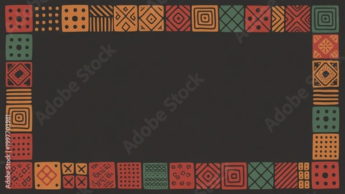 Geometric ethnic pattern frame with abstract black center on dark background.