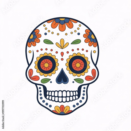 Colorful sugar skull design with floral patterns and decorative elements.
