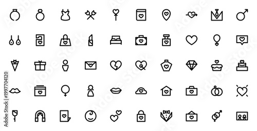 Love and romance icon set. Vector symbols for engagement, wedding, gifts, romance and relationships. Includes ring, dress, heart, bouquet, cake, cupid and more. Editable stroke.