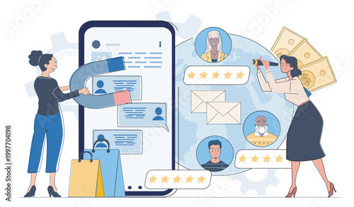 Business women attracting customers with magnet and telescope in flat style on white background showing marketing and communication concept. Hand-drawn vector illustration