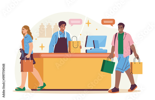 People shopping at store counter in bright flat style on light backdrop, showing retail service and consumer activity concept. Hand-drawn vector illustration