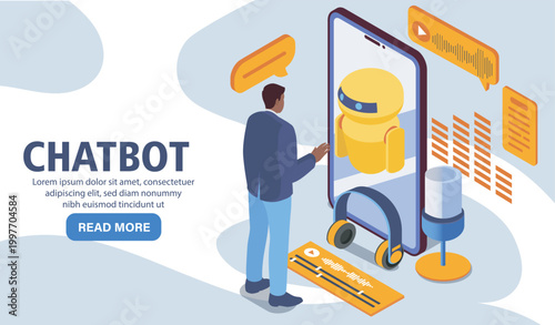 A man interacting with a yellow chatbot robot on a smartphone in flat style on a light background, showing a concept of digital communication. Hand-drawn vector illustration