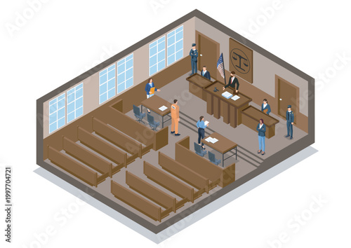 An isometric courtroom scene with judge, lawyers, defendant and officers in stylized graphic style on white background, justice concept. Hand-drawn vector illustration