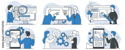 People interacting with various digital interfaces in flat graphic style on light abstract background, concept of online workflow and teamwork. Hand-drawn vector illustration