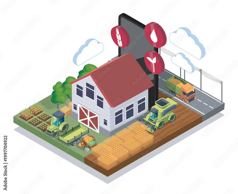Fototapeta premium Farm scene with barn, fields, tractors, harvester and truck depicted in clean isometric style on white background, showing modern agriculture and smart farming concept. Hand-drawn vector illustration