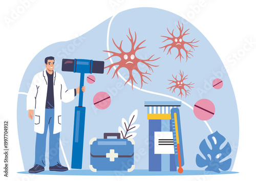 Doctor holding big hammer near stylized neurons, pills, medical kit and thermometer in flat style on blue background, concept of healthcare treatment. Hand-drawn vector illustration