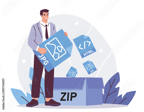 A man organizing JPG, HTML and GIF file icons into a ZIP box in flat graphic style on a light background showing a data management concept. Hand-drawn vector illustration