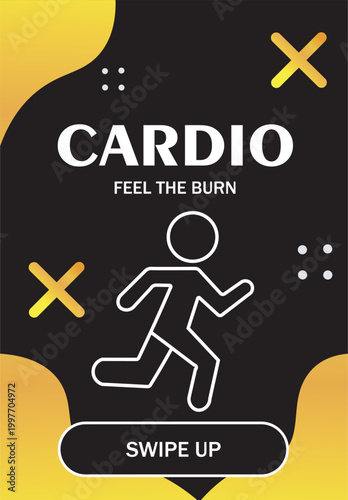 A fitness poster showing a running stick figure in a minimalist graphic style on a black background, conveying a cardio workout concept. Hand-drawn vector illustration
