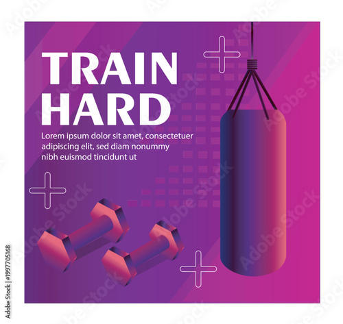 Fitness poster showing dumbbells and a punching bag in a bold gradient graphic style on a vibrant purple background training motivation. Hand-drawn vector illustration