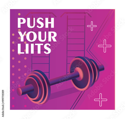 Barbell in vibrant gym themed artwork with gradient style on bright background representing strength motivation concept. Hand-drawn vector illustration
