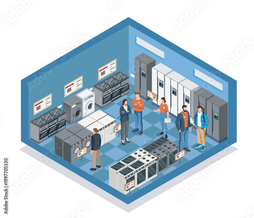 People browsing household appliances in a modern store shown in a clean isometric graphic style on a bright background, concept of shopping. Hand-drawn vector illustration