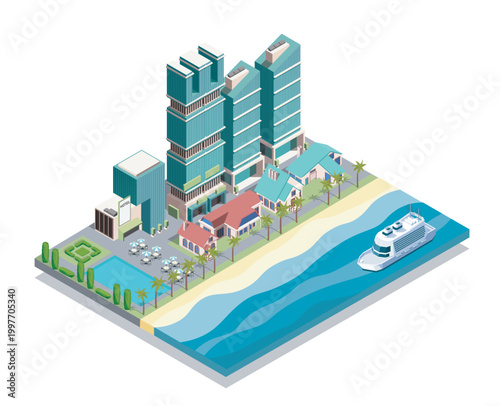Beachfront resort with tall buildings, pool, palm trees, and a cruise ship in isometric style on white background, vacation concept. Hand-drawn vector illustration