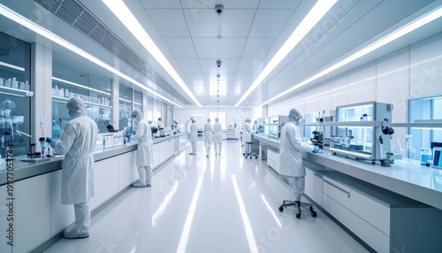 Luminous High-Tech Laboratory with Scientists in Sterile Protective Suits