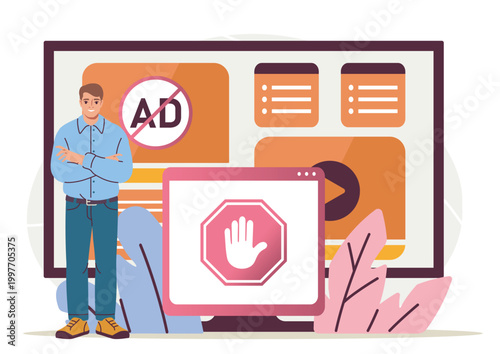 A man near digital screens with ad blocking symbols in bright flat style on a light background, illustrating the concept of online protection. Hand-drawn vector illustration